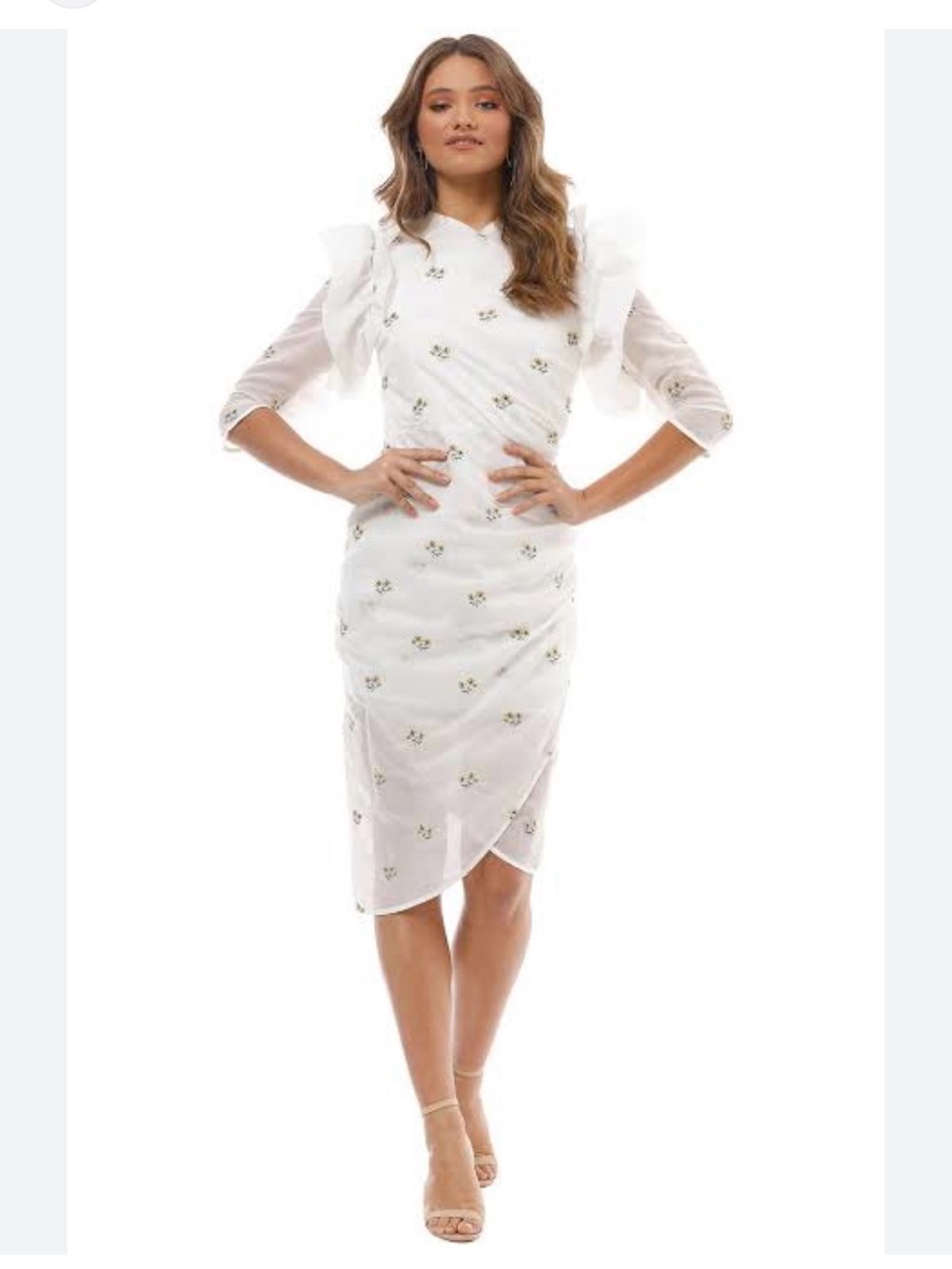 Elliatt White Embroidered Ruffle-Sleeve Midi Dress